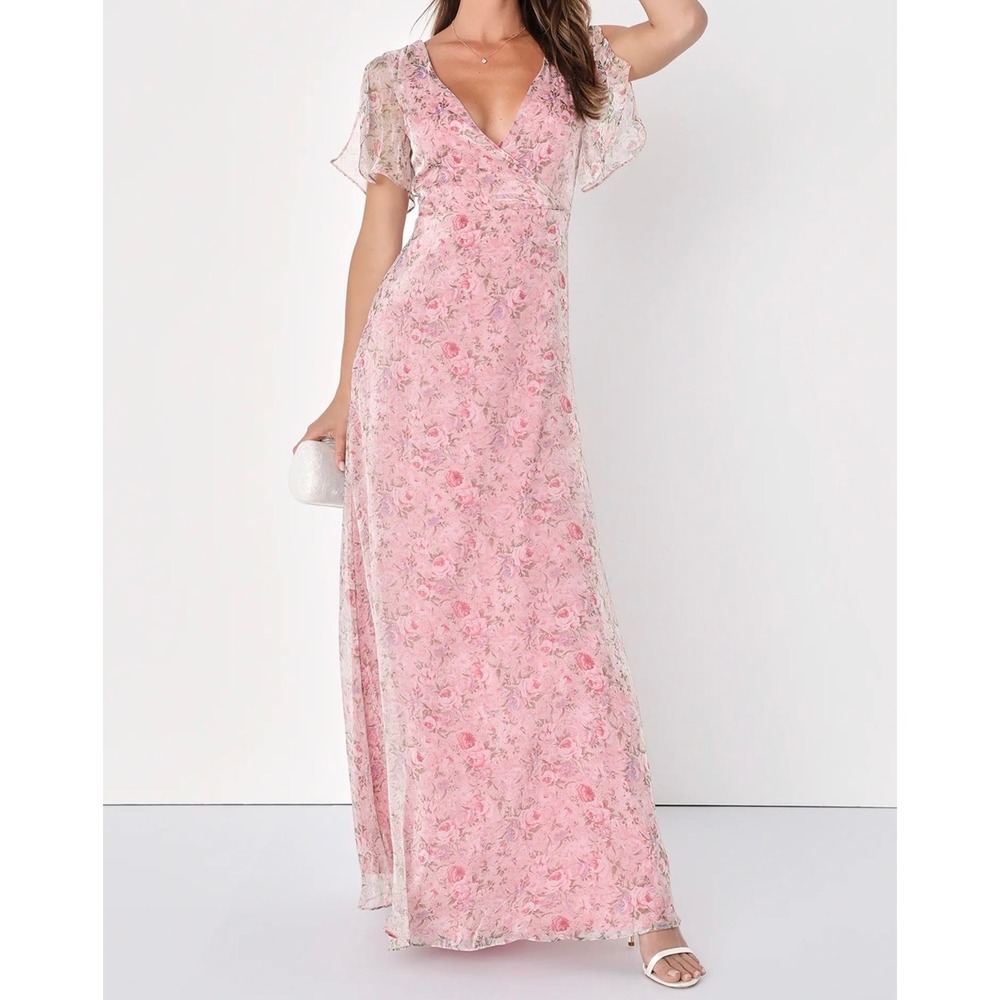 Lulus Deamiest Desires Pink Floral Metallic Maxi Dress XL V-Neck Flutter Sleeve